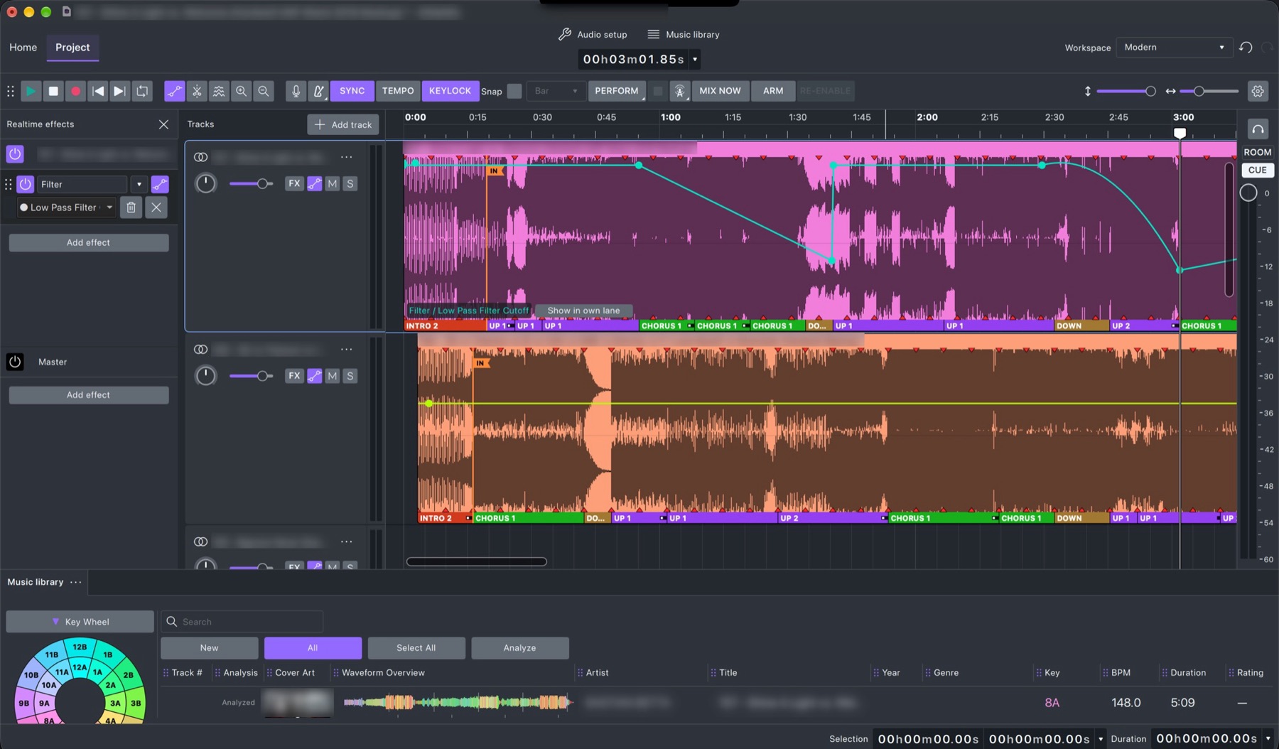 Automation in GlideMix: a low-pass filter sweep drawn on a song