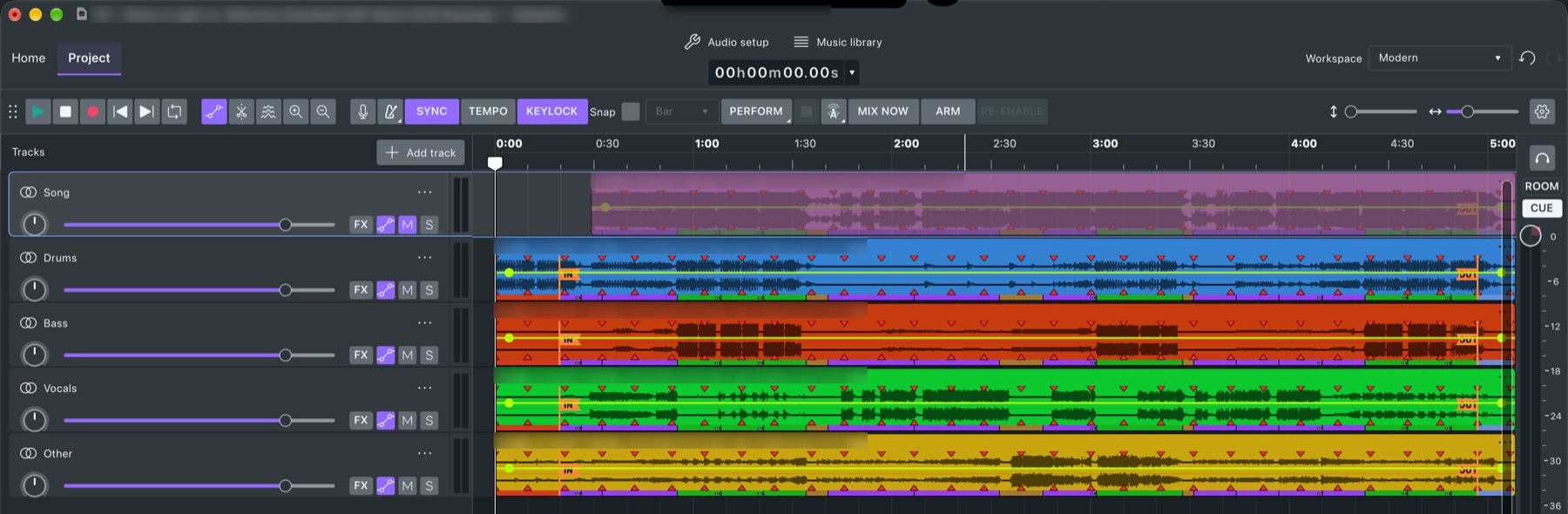 A song split into stems in GlideMix